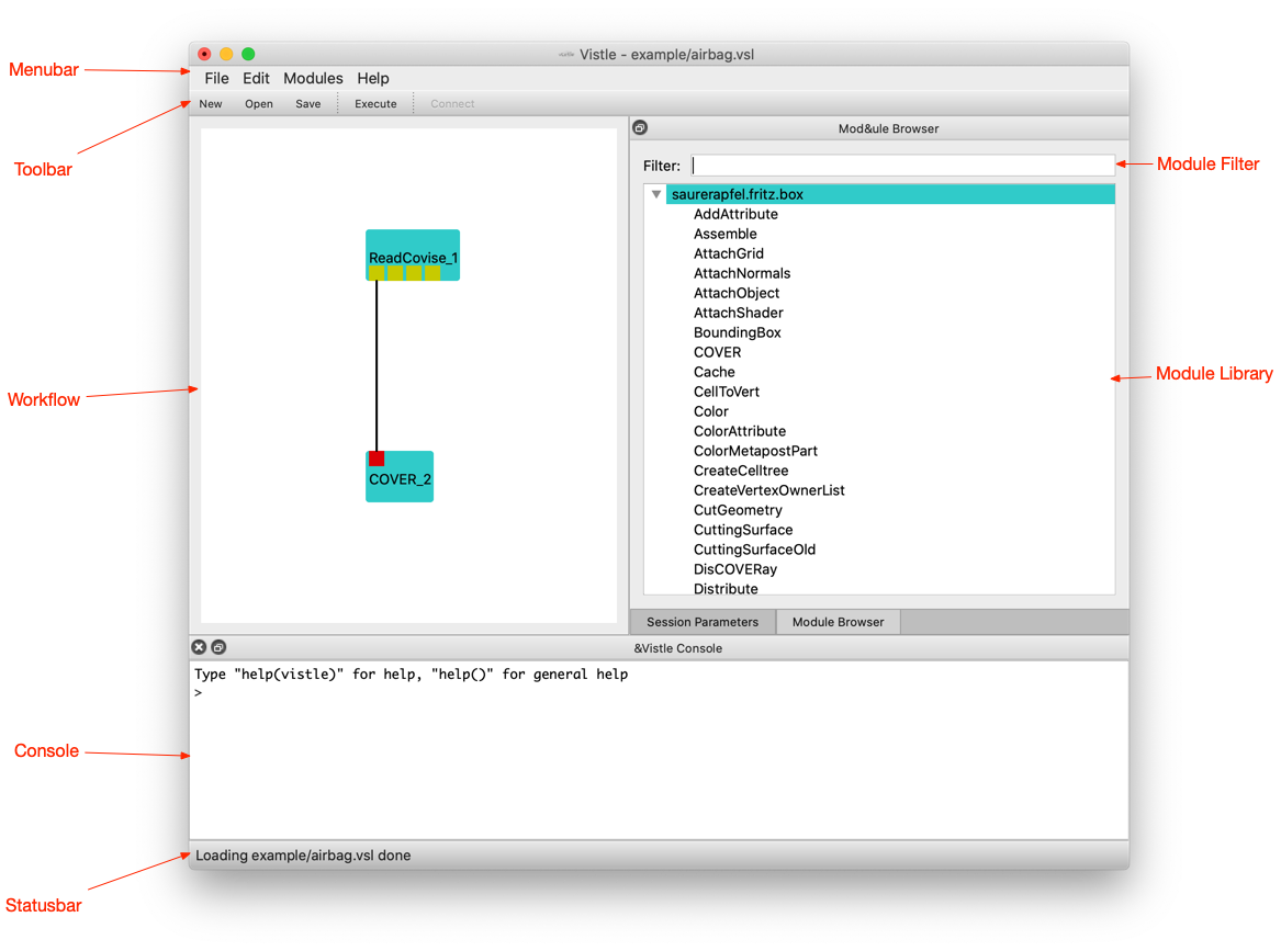 Figure 1: Graphical Vistle user interface with airbag workflow loaded.